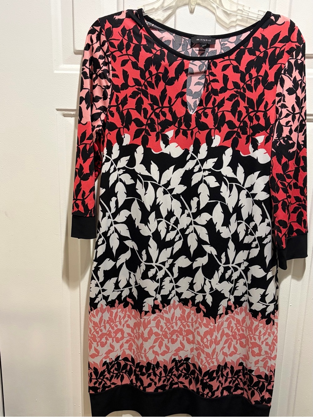 Aa Studio Coral, Pink & Black Leaf-Print Long Sleeve Sheath Dress